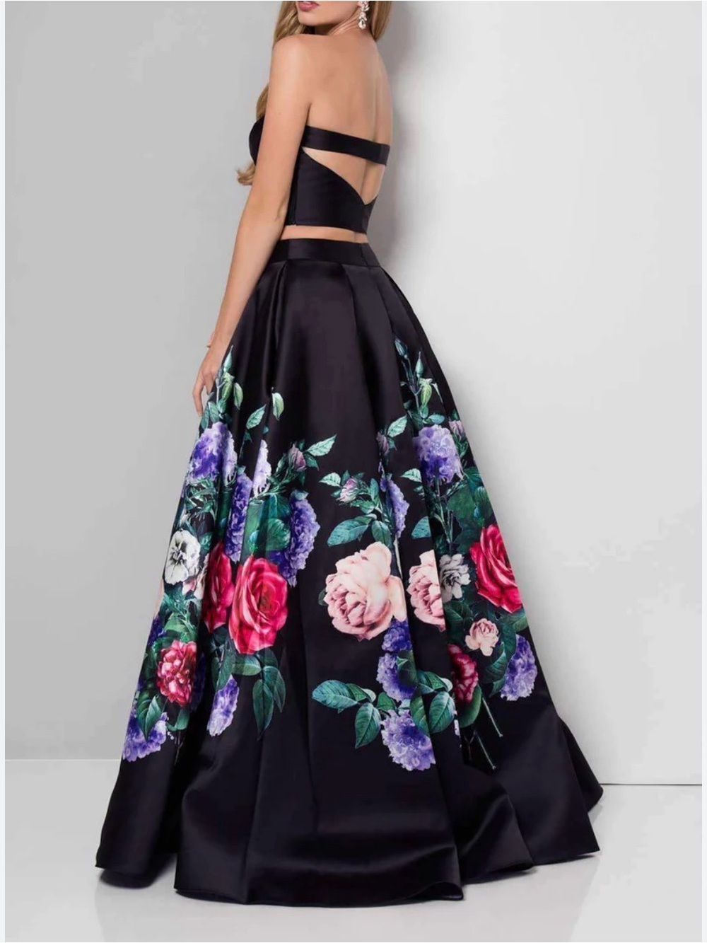 Terani Couture Black Floral Backless Ball Gown